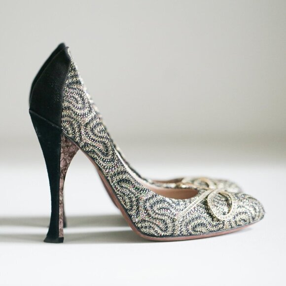 Nina Ricci High-Heel Glitter Black  Suede Pumps - Picture 2 of 12